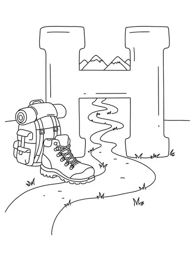 Line art coloring page with a big letter H, hiking boots, trail, and backpack.