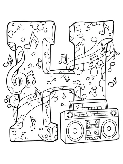 Black and white coloring page with a graffiti-style letter H and simple hip-hop elements.