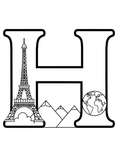 Coloring page with a big letter H and outlines of famous landmarks like the Eiffel Tower.