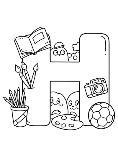 Coloring page with a big letter H and outlines of books, paintbrush, soccer ball, and camera.