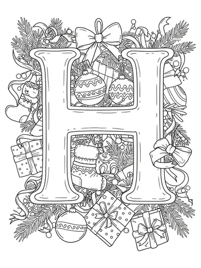 Letter H surrounded by gifts, ribbons, and ornaments in a holiday theme, medium detail.