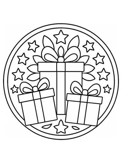 Preschool mandala with big gift boxes, bows, and stars for Christmas
