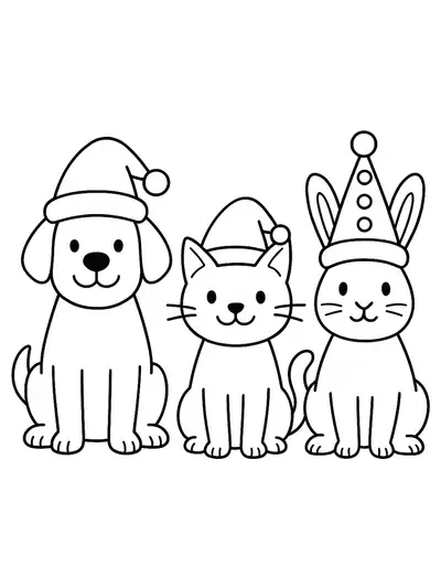 Coloring page of a dog, cat, and rabbit wearing holiday hats, with easy outlines and large coloring areas.