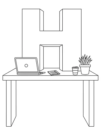 Coloring page with a large letter H on a desk with a laptop, coffee cup, and plant.