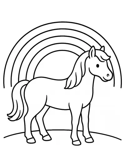 Line drawing of a horse standing under a big rainbow, easy shapes for preschool coloring.