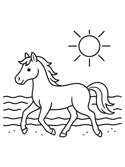 Elementary-level coloring page with a horse at the beach, sun shining, and waves in the background.