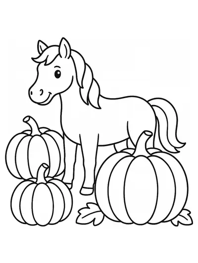 Easy outline of a horse standing among large pumpkins, suitable for preschool coloring.