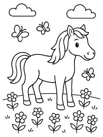 Easy horse coloring page for elementary kids showing a horse in a spring meadow with flowers and butterflies.