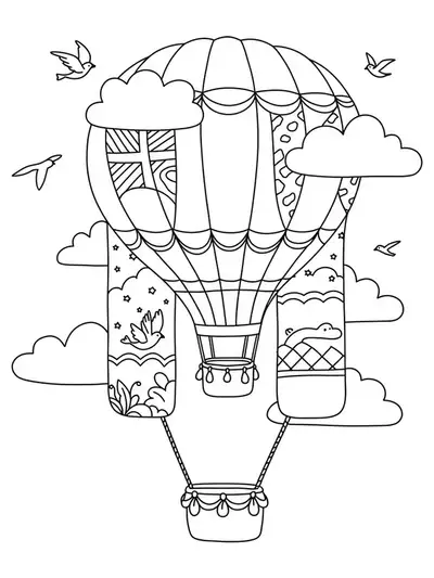 Letter H as a hot air balloon with clouds and birds, medium detail for coloring.