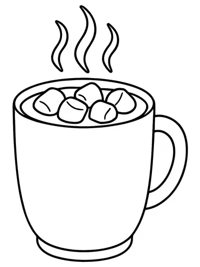 Simple mug of hot cocoa with marshmallows and steam, easy outlines for kids.