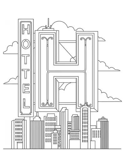 Coloring page with a neon-style letter H and a simple city skyline.