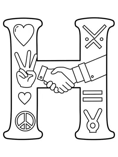 Coloring page with a big letter H and peace, unity, and equality icons.