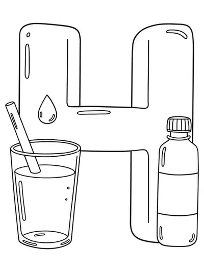 Coloring page with a large letter H, water glass, droplet, and bottle outline.