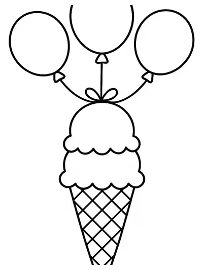 Simple line drawing of an ice cream cone with large birthday balloons, easy for preschool coloring.