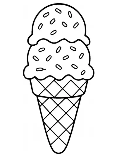 Easy coloring page with a large ice cream cone and scoops for preschoolers.