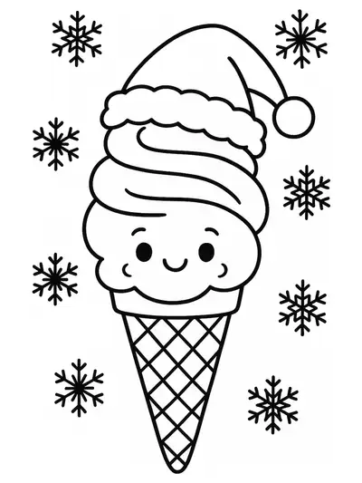 Ice cream cone with a Santa hat and snowflakes around, easy outlines