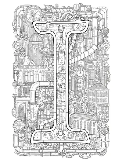 Intricate steampunk cityscape with gears and Victorian elements woven around the letter I.