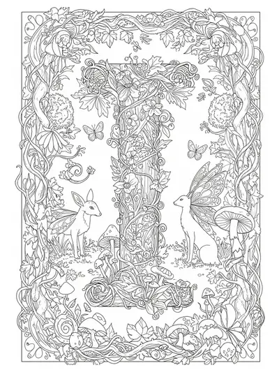 Fantasy forest scene with the letter I surrounded by detailed vines, mushrooms, fairies, and forest creatures for coloring.