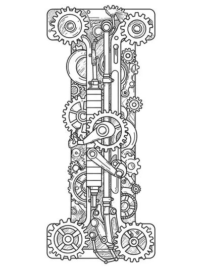 Letter I decorated with gears, cogs, and vintage machinery in medium complexity style for adults.