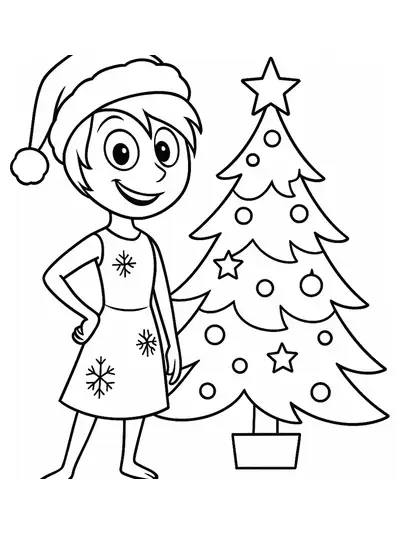 Joy from Inside Out 2 wearing a Santa hat next to a decorated tree.