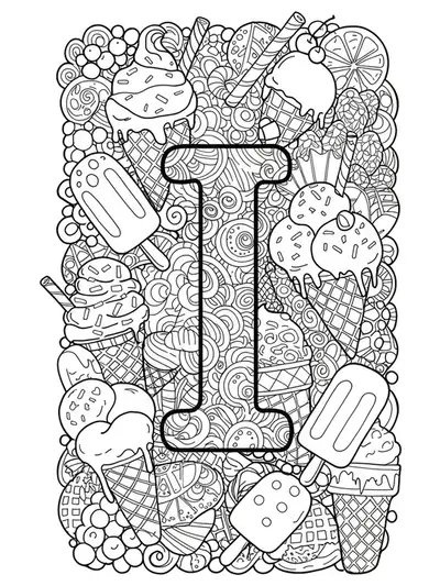 Complex Letter I with ice cream cones, popsicles, sprinkles, and fun patterns for preschool coloring.