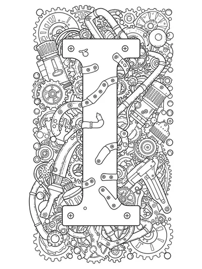 Intricate black and white steampunk letter I with gears, pipes, and mechanical details for adult coloring.
