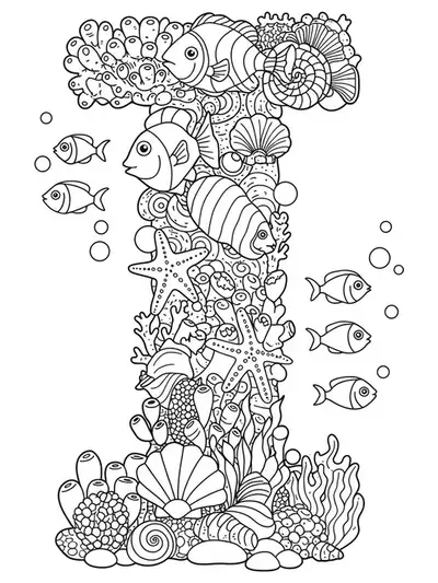 Complex under-the-sea scene with fish, coral, and seashells surrounding a patterned letter I for coloring.