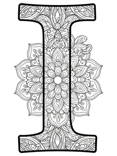 Medium-difficulty botanical mandala patterns integrated with the letter I for adult coloring.