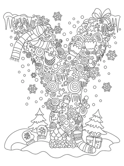 A complex coloring page showing the letter Y decorated with snowflakes, icicles, and winter patterns for elementary children.