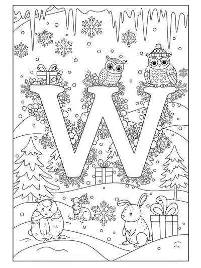 Intricate black and white winter scene with letter W, snowflakes, trees, and winter animals