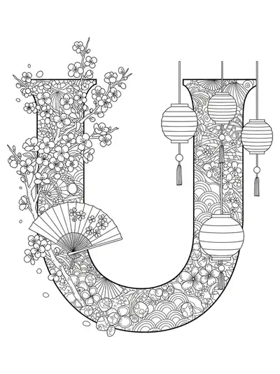 Letter U surrounded by cherry blossoms, traditional Japanese fans, and lanterns, suitable for teen coloring.