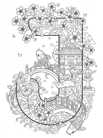 Coloring page of the letter J with cherry blossoms, koi fish, and a Japanese bridge, medium detail for elementary kids.