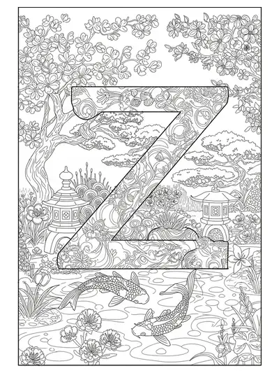 Letter Z with koi ponds, bonsai trees, and lanterns in a Japanese garden, hard coloring page for teens.