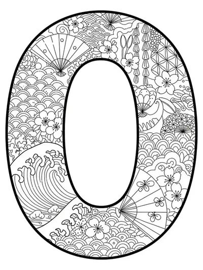 Letter O filled with detailed Japanese kimono patterns, including sakura, waves, and fans, for adults, hard level