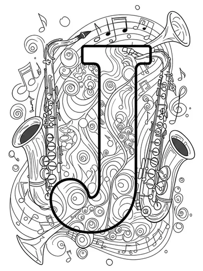 Letter J with intricate saxophones, trumpets, and musical notes, designed for a challenging music-themed coloring.