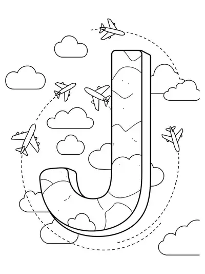 Printable coloring page of the letter J with jet planes, flight paths, and clouds, medium detail for elementary students.