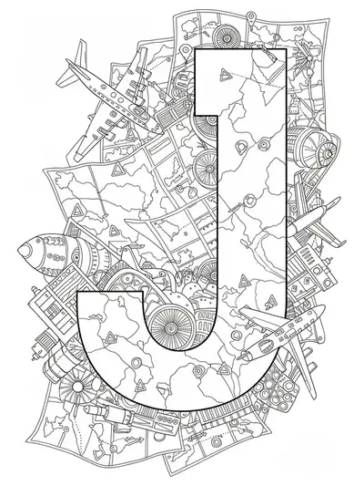 Intricate letter J surrounded by airplanes, jet engines, and maps for an advanced transportation coloring page.