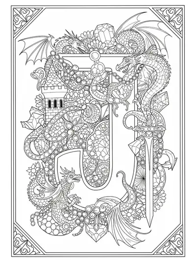 Letter J with detailed jewels, castle towers, and dragons, perfect for a hard fantasy-themed coloring activity.