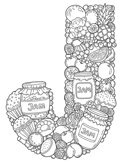 Letter J filled with detailed drawings of jam jars, jelly beans, and juicy fruits for an advanced coloring activity.
