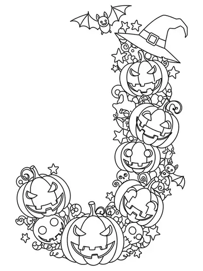 Medium-detail coloring page showing the letter J surrounded by jack-o'-lanterns, bats, and stars for Halloween.