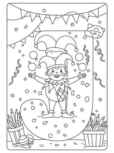 Coloring page of the letter J with a jester, juggling balls, and party streamers, medium complexity for elementary.
