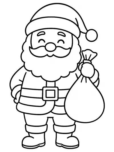 Simple outline drawing of Santa Claus with a big gift bag, designed for preschool coloring.