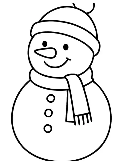 Simple line art of a smiling snowman in a hat and scarf, easy to color for preschoolers.