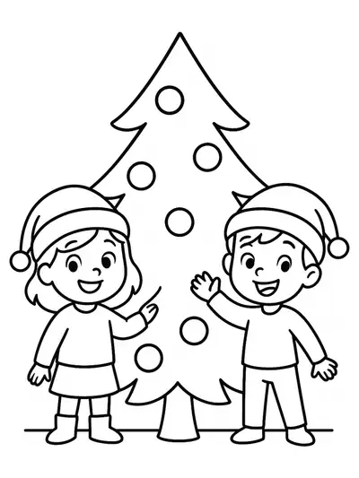 Joy and Sadness from Inside Out 2 wearing Santa hats next to a big Christmas tree with large ornaments, simple outlines.