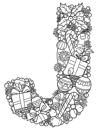 Intricate Christmas-themed letter J with ornaments, holly, candy canes, and snowflake patterns for detailed coloring.