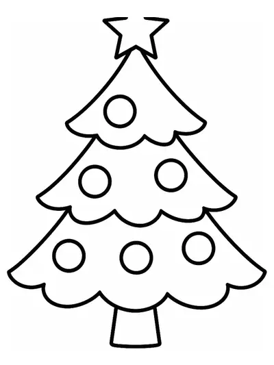 Simple Christmas tree with big ornaments and a star, easy coloring page for preschool.