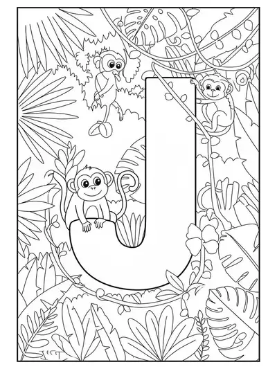Printable coloring page with medium detail of the letter J, jungle animals, vines, and leaves for elementary kids.