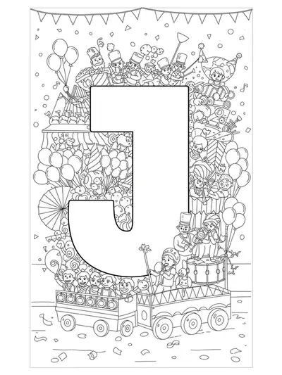 Letter J with intricate parade floats, balloons, confetti, and musical bands for a challenging celebration coloring page.