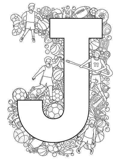 Letter J surrounded by detailed sports equipment and athletes in action, designed as a challenging coloring page.