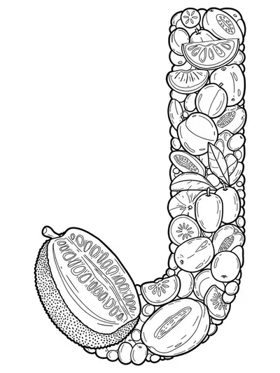 Coloring page of the letter J decorated with jackfruit, jujube, and other fruit elements, medium detail for elementary.